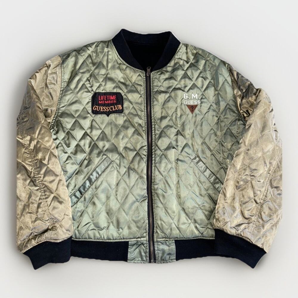 Guess Quilted Metallic Green Bomber Jacket with Black Trim